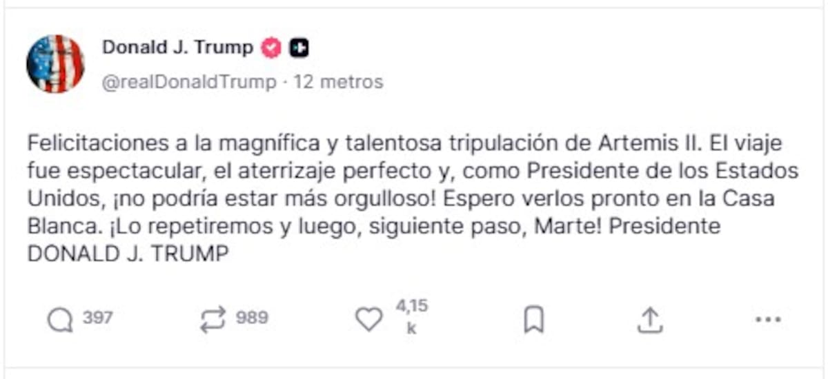Captura de una publicación en la cuenta en Truth Social @realDonaldTrump del presidente de EE.UU., Donald Trump, de un mensaje este viernes, a la tripulación de Artemis II. EFE/ @realDonaldTrump /SOLO USO EDITORIAL/ SOLO DISPONIBLE PARA ILUSTRAR LA NOTICIA QUE ACOMPAÑA (CRÉDITO OBLIGATORIO)