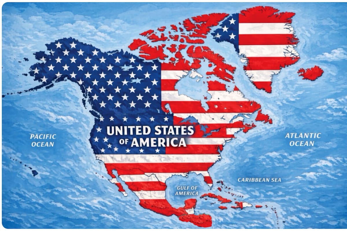 Fotografía tomada de la cuenta oficial en la red social Truth Social del presidente de los Estados Unidos, Donald Trump @realDonaldTrump que muestra un mapa en el que las franjas rojas y blancas de la bandera estadounidense cubren México, el Caribe y Canadá, además de Groenlandia e Islandia.