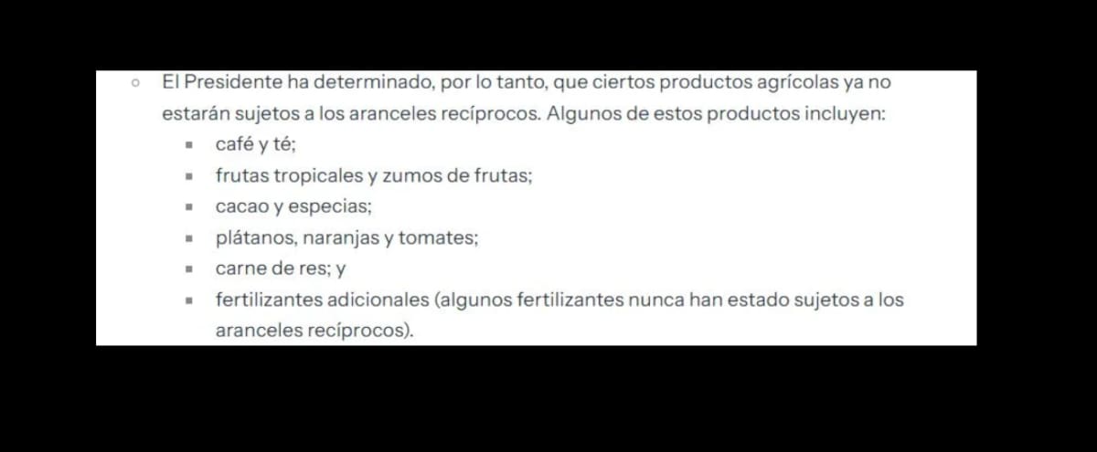 Trump quitó los aranceles recíprocos impuestos a decenas de productos agrícolas. |Foto: La República.