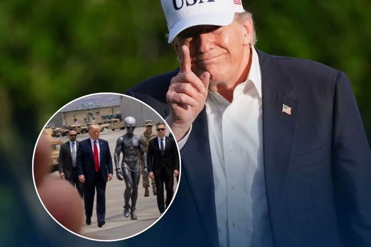 Donald Trump publicó una foto generada con inteligencia artificial en la que se muestra junto a un alienígena esposado y soldados en una base militar, tras su decreto en el que ordenó desclasificar archivos sobre OVNIs y vida extraterrestre.