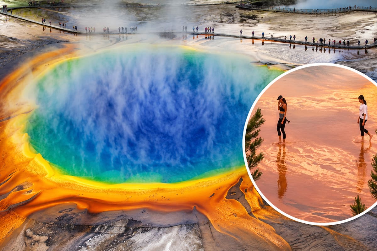 Turistas burlan las restricciones y caminan sobre una peligrosa área geotérmica en Parque Nacional Yellowstone, en Estados Unidos.