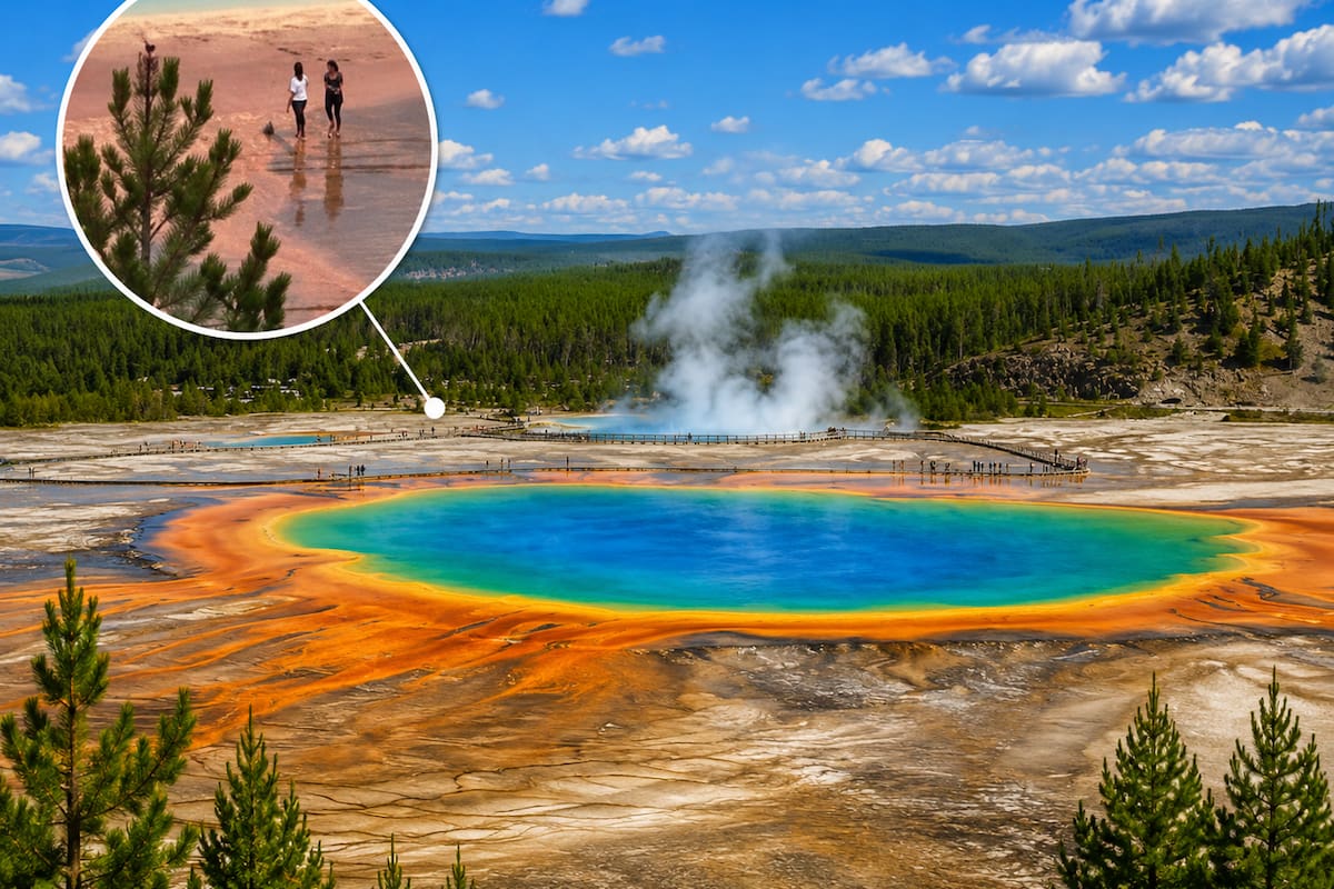Dos turistas desafían las normas y caminan fuera de los senderos en Yellowstone.
