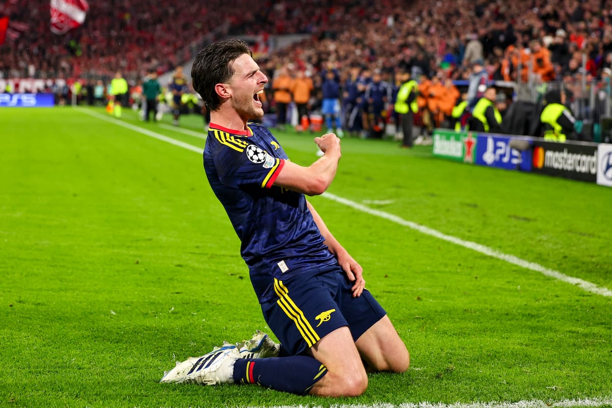 MUNICH (Germany), 21/10/2026.- Declan Rice of Arsenal celebrates after scoring the 2-2 during the UEFA Champions League league phase match FC Bayern Munich against Arsenal FC, in Munich, Germany, 21 October 2026. (Liga de Campeones, Alemania) EFE/EPA/ANNA SZILAGYI