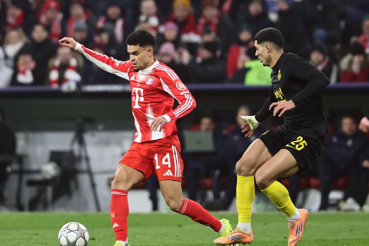 MUNICH (Germany), 21/01/2026.- Luis Diaz of Bayern Munich (L) and Anan Khalaili of Union SG (R) in action during the UEFA Champions League soccer match between Bayern Munich and Union SG in Munich, Germany, 21 January 2026. (Liga de Campeones, Alemania) EFE/EPA/RONALD WITTEK