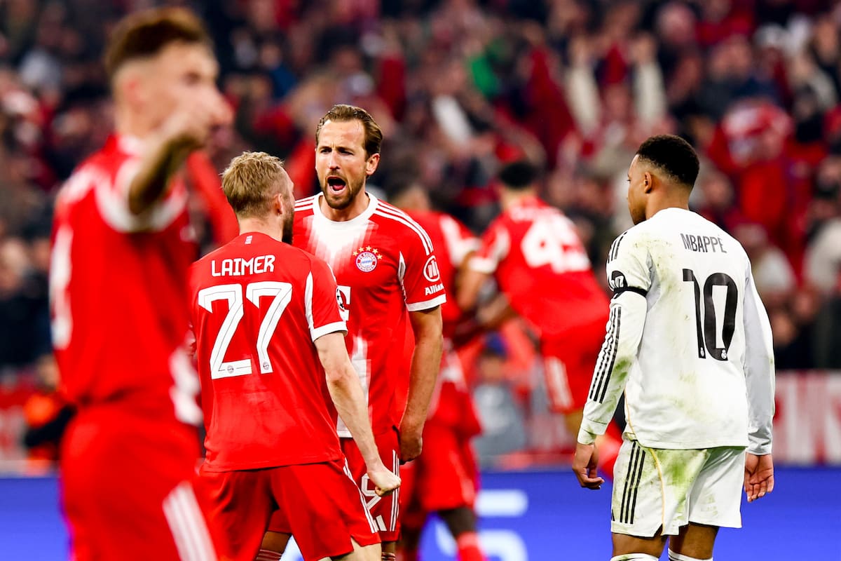 MUNICH (Germany), 15/04/2026.- Konrad Laimer (C-L) and Harry Kane (C-R) of Bayern Munich celebrate the 3-3 goal during the UEFA Champions League quarter-finals, 2nd leg match FC Bayern Munich against Real Madrid, in Munich, Germany, 15 April 2026. (Liga de Campeones, Alemania) EFE/EPA/ANNA SZILAGYI