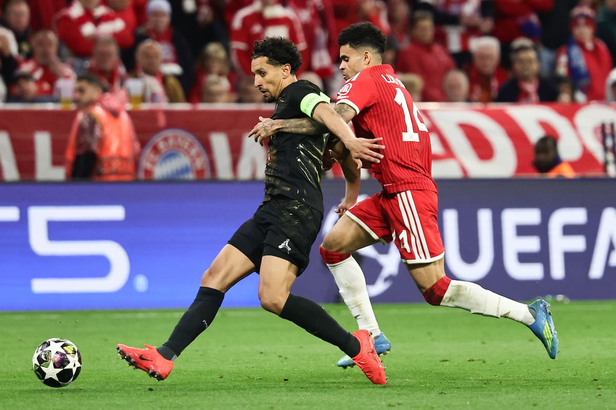 MUNICH (Germany), 06/05/2026.- Luis Diaz (L) of Bayern Munich in action against Marquinhos of PSG during the UEFA Champions League semi-final, second leg soccer match between Bayern Munich and Paris Saint-German, in Munich, Germany, 06 May 2026. (Liga de Campeones, Alemania) EFE/EPA/RONALD WITTEK
