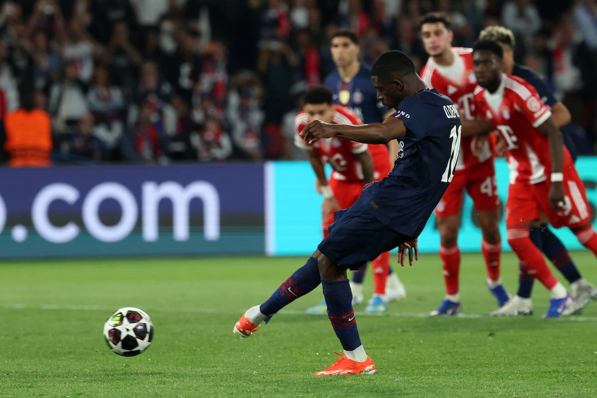 PARIS (France), 28/04/2026.- Ousmane Dembele of PSG scores the 3-2 goal from a penalty kick during the UEFA Champions League semi-final match between Paris Saint-Germain and Bayern Munich in Paris, France 28 April 2026. (Liga de Campeones, Francia) EFE/EPA/MOHAMMED BADRA