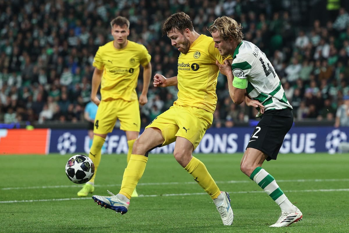 Lisboa (Portugal), 17/03/2026.- Sporting CP's Morten Hjulmand (R) in action against FK Bodo/Glimt's Fredrik Bjorkan during the UEFA Champions League Round of 16 second leg soccer match between Sporting CP and FK Bodo/Glimt, in Lisbon, Portugal, 17 March 2026. (Liga de Campeones, Lisboa) EFE/EPA/MIGUEL A. LOPES