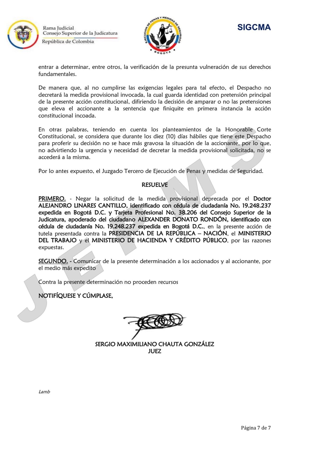 Un juzgado de Bogotá rechazó la solicitud de suspensión provisional presentada dentro de una acción de tutela