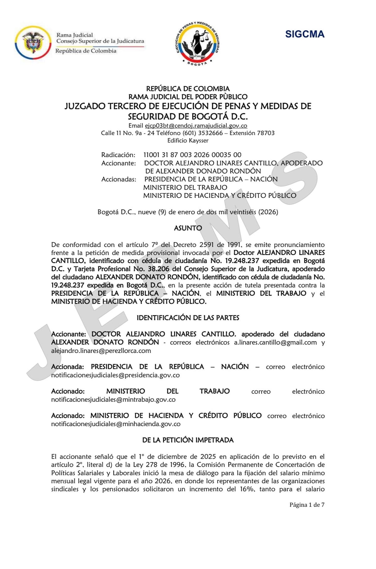 Un juzgado de Bogotá rechazó la solicitud de suspensión provisional presentada dentro de una acción de tutela