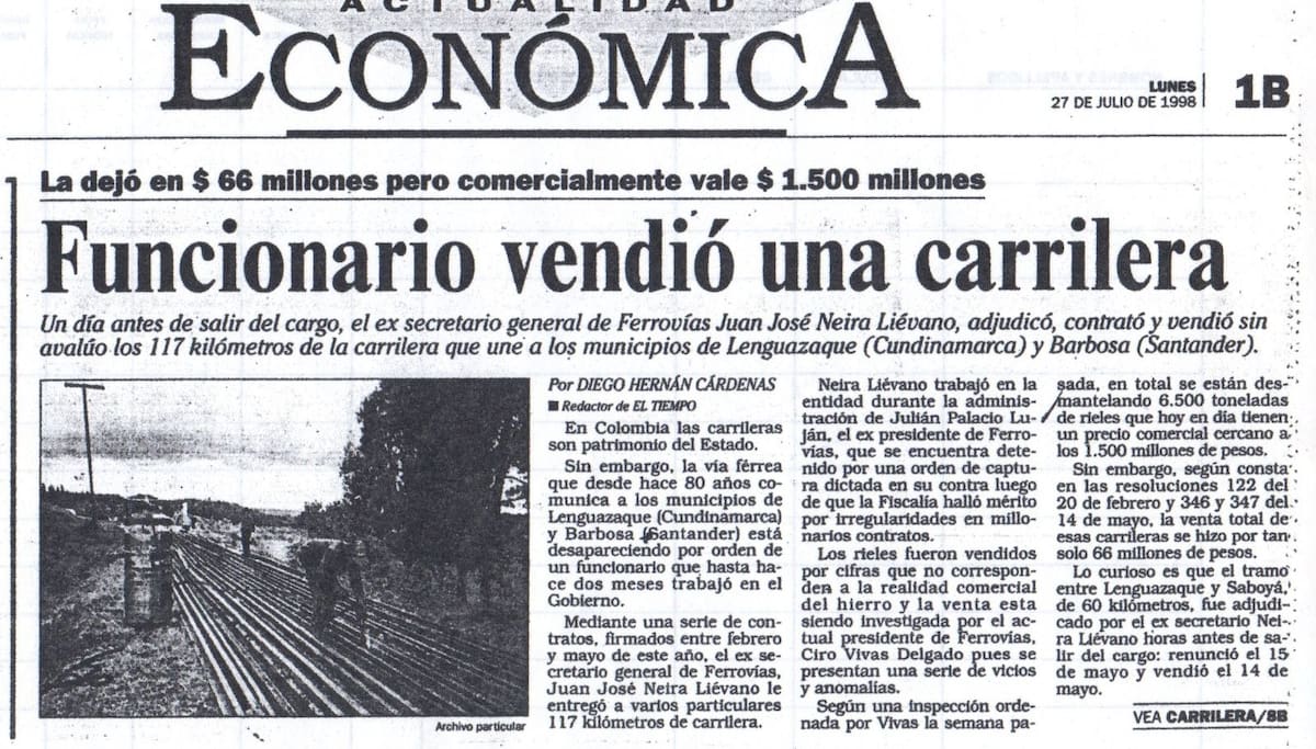 Un vistazo al pasado, las lecciones del extinto tren. Así reportó el diario El Tiempo la venta de 177 kilómetros de carrileras entre Lenguazaque y Barbosa. | Cortesía Jorge Enrique Lancheros | Tomado El Tiempo