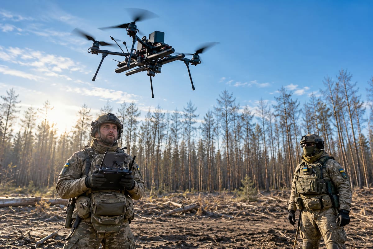 Dos soldados ucranianos operan un dron en una zona boscosa durante la guerra con Rusia. Estos dispositivos se han convertido en herramientas clave para la vigilancia, el reconocimiento y los ataques en el campo de batalla, transformando las estrategias militares y los desafíos de seguridad en el conflicto.