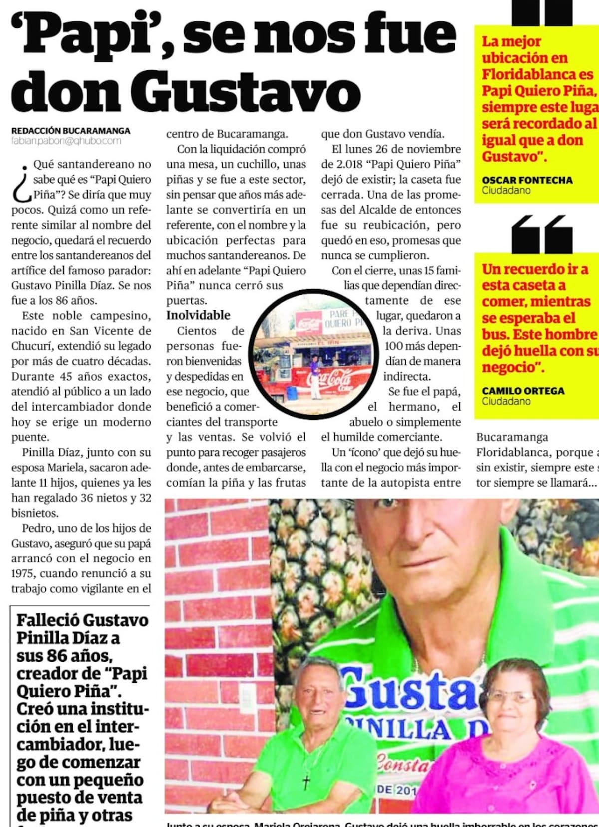 Así registramos la muerte de Don Gustavo Pinilla Díaz. (Archivo/VANGUARDIA)