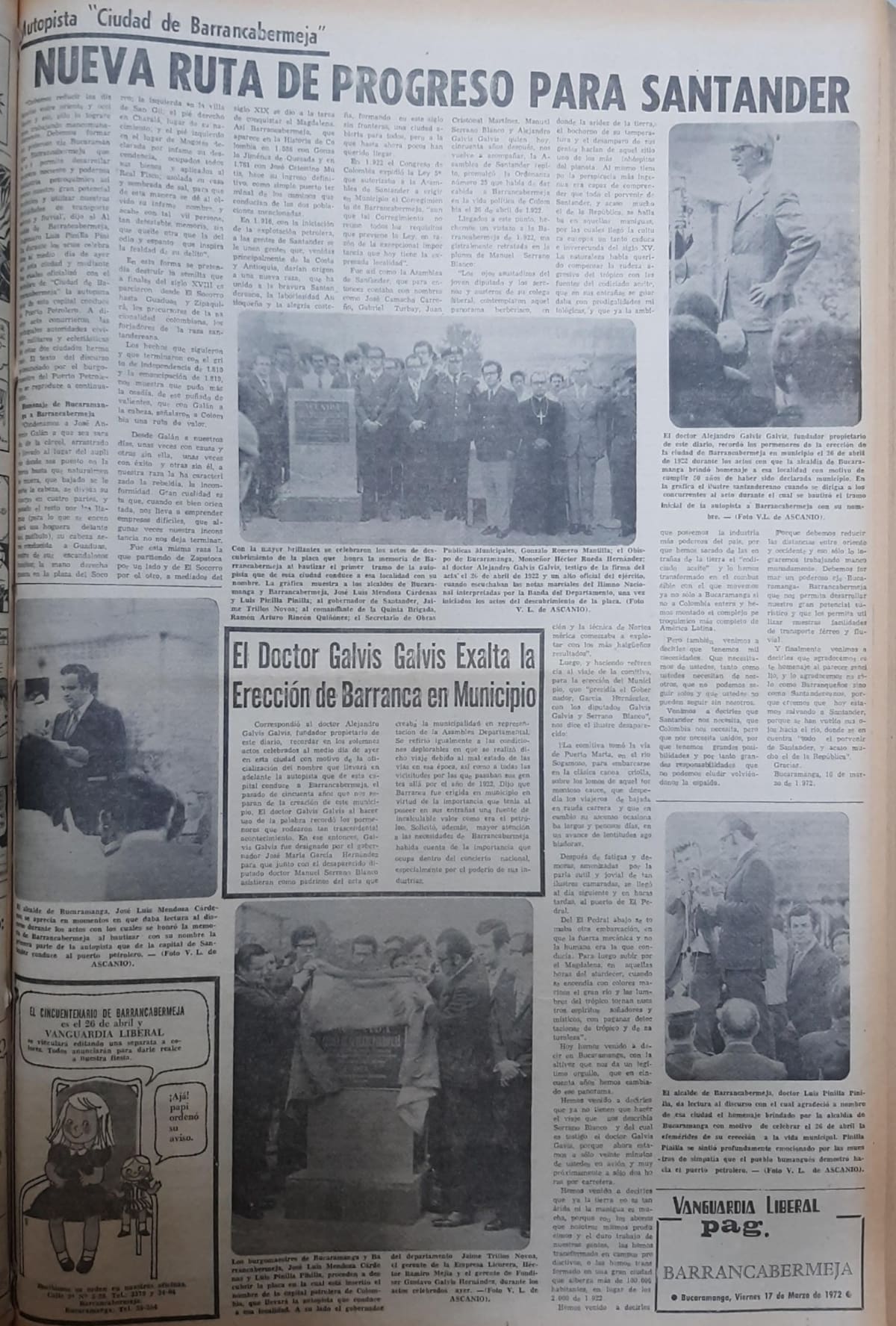 Un gran despliegue periodístico le hizo Vanguardia, en 1972, al bautizo de la Avenida Ciudad Barrancabermeja, en inmediaciones de La Salle. (Archivo/VANGUARDIA)