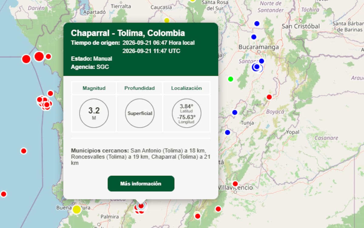 Varios temblores se registran en el mismo epicentro de Chaparral, Tolima este lunes. | Foto: Captura del Servicio Geológico / Vanguardia