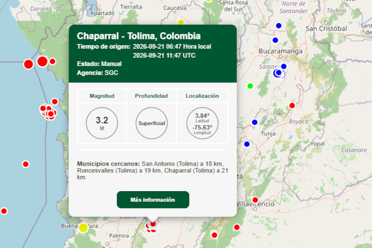 Varios temblores se registran en el mismo epicentro de Chaparral, Tolima este lunes. | Foto: Captura del Servicio Geológico / Vanguardia