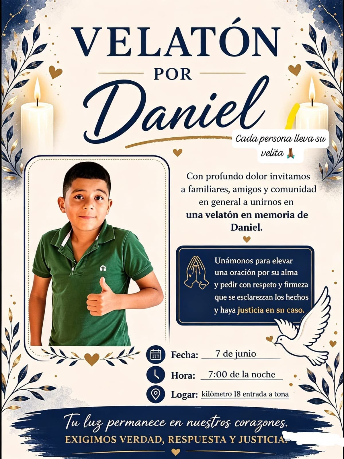 Velatón de justicia por muerte del menor Daniel Felipe en Tona, Santander