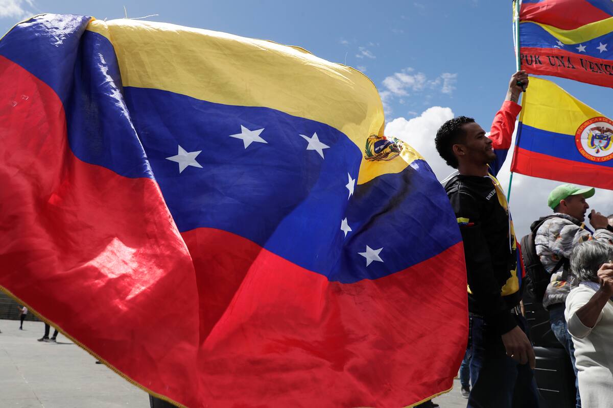 Ciudadanos venezolanos celebran durante una manifestación este sábado, en la Plaza de Bolívar en Bogotá (Colombia). EFE/ Carlos Ortega