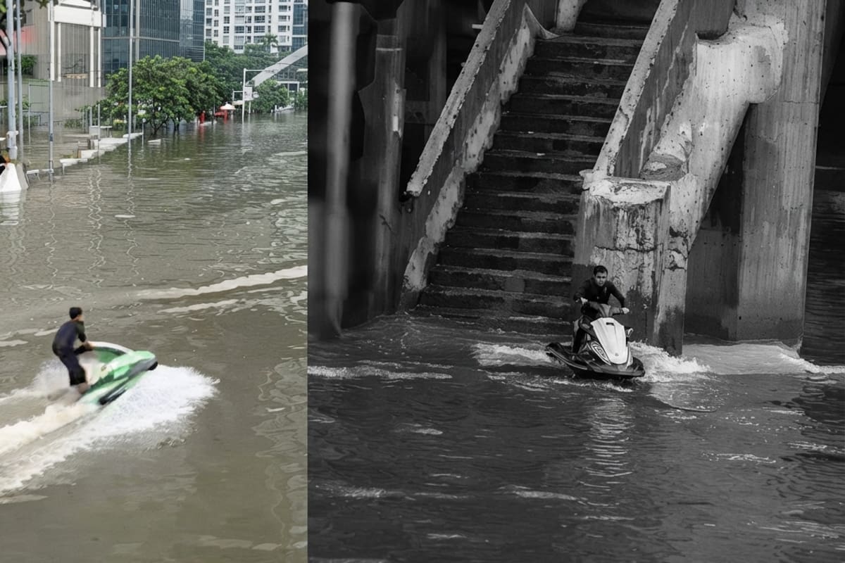 El video de un hombre recorriendo en jet ski una de las calles inundadas de Bangkok se volvió viral en redes sociales.