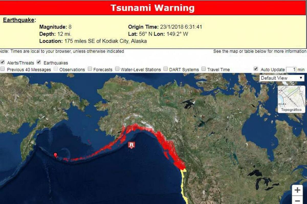 El fuerte sismo motivó una alerta de tsunami para la costa Pacífica de Alaska y Canadá. (Foto: Tomada de Twitter @USGS /VANGUARDIA LIBERAL)