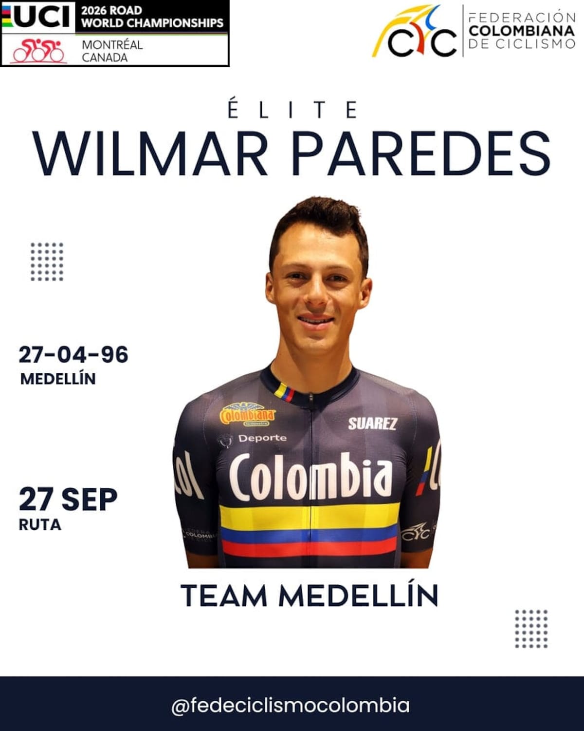 Wilmar Paredes se suma a la Selección Colombia para el Mundial de Ruta Montreal 2026. Foto: Federación Colombiana de Ciclismo