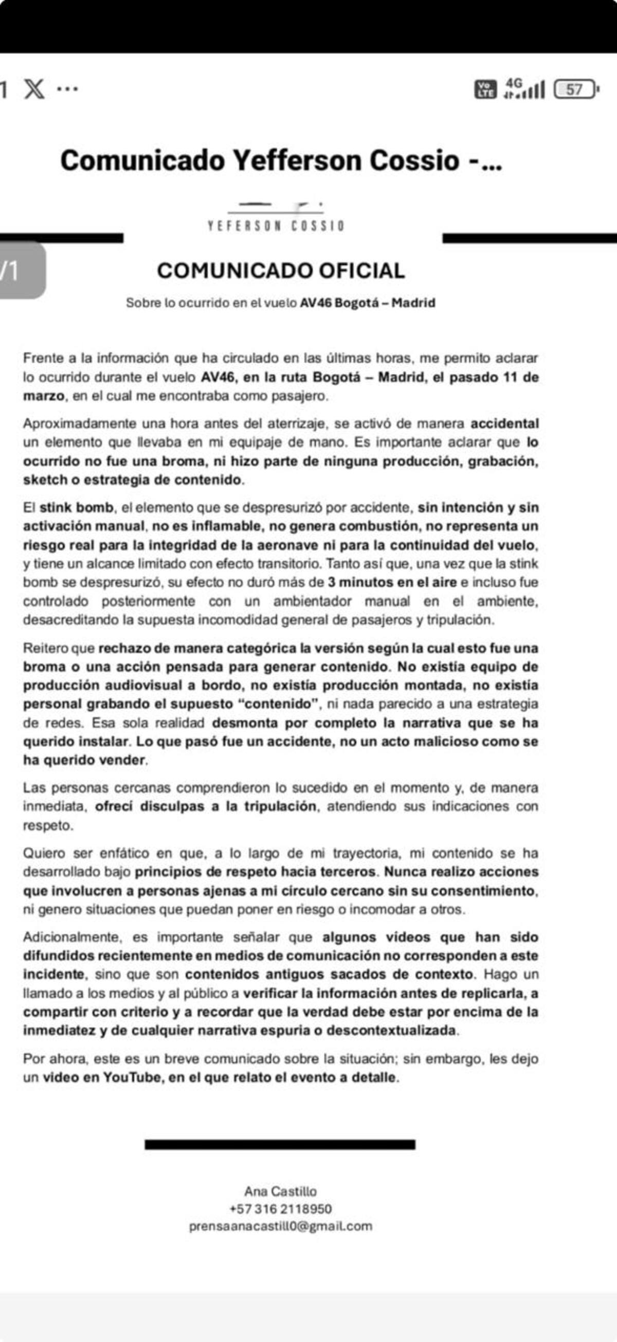 Yeferson Cossio rompe el silencio tras acciones legales de Avianca por incidente en avión. // Foto: captura de pantalla